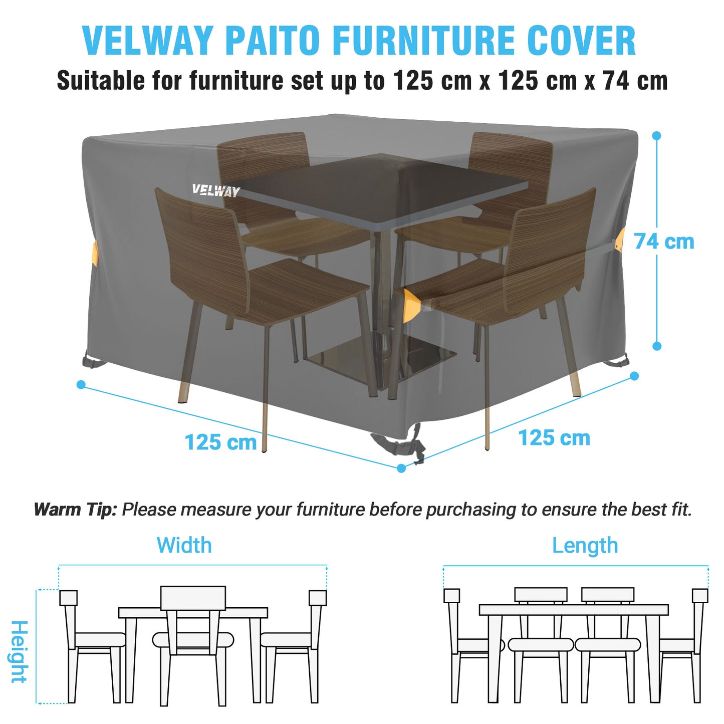 Velway Garden Furniture Cover Waterproof - 125 x 125 x 74 cm Square Protective Cover Windproof Lounge Furniture Cover for Garden Tables Seating Group Patio Furniture Black VL0051