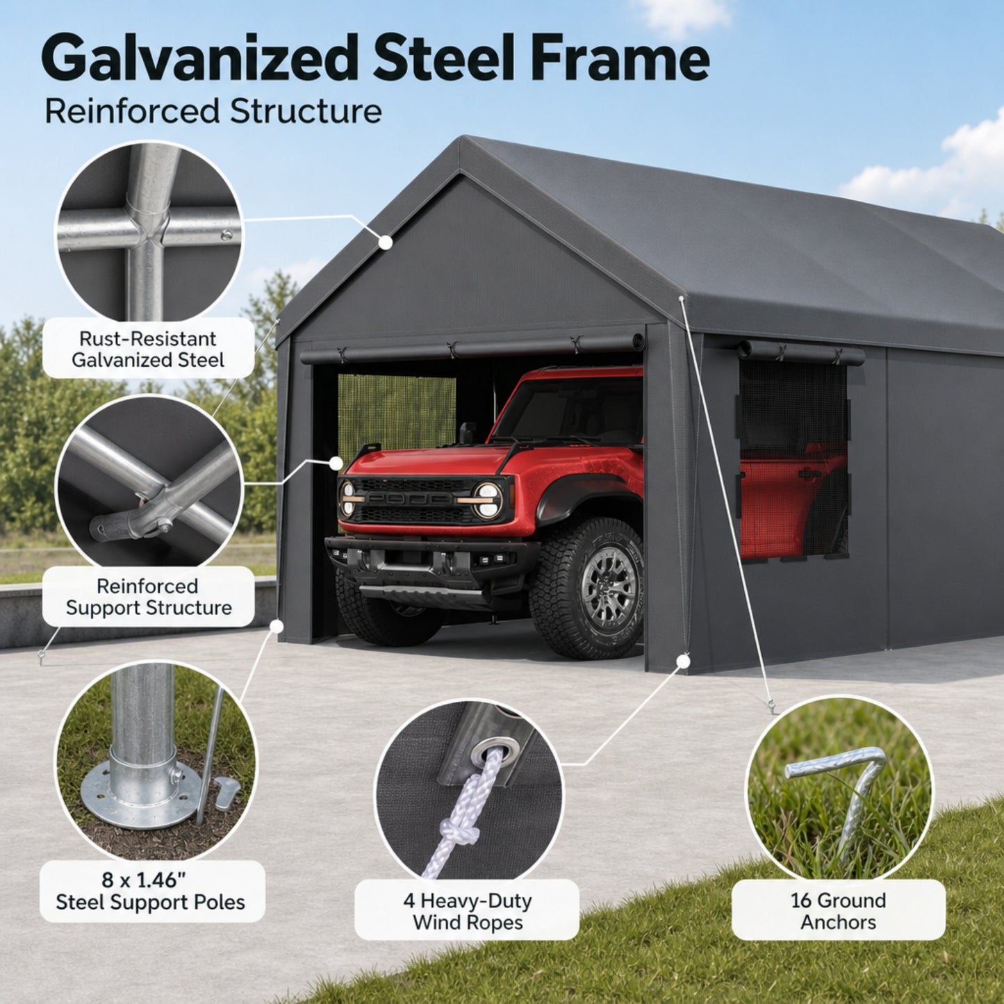 12 x 20 FT Heavy Duty Galvanized Steel Carport Canopy Outdoor Patio Portable Garage