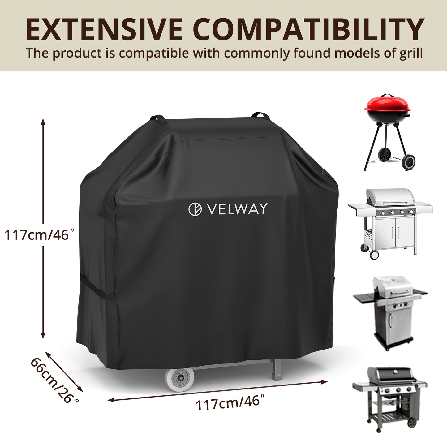 Velway Grill Cover 300D Oxford Gas Grill Cover Waterproof Ventilation Slots and Handles BBQ Cover Dustproof UV-Resistant High Performance Gas Grill Cover 117 x 66 x 117 cm  VL0021