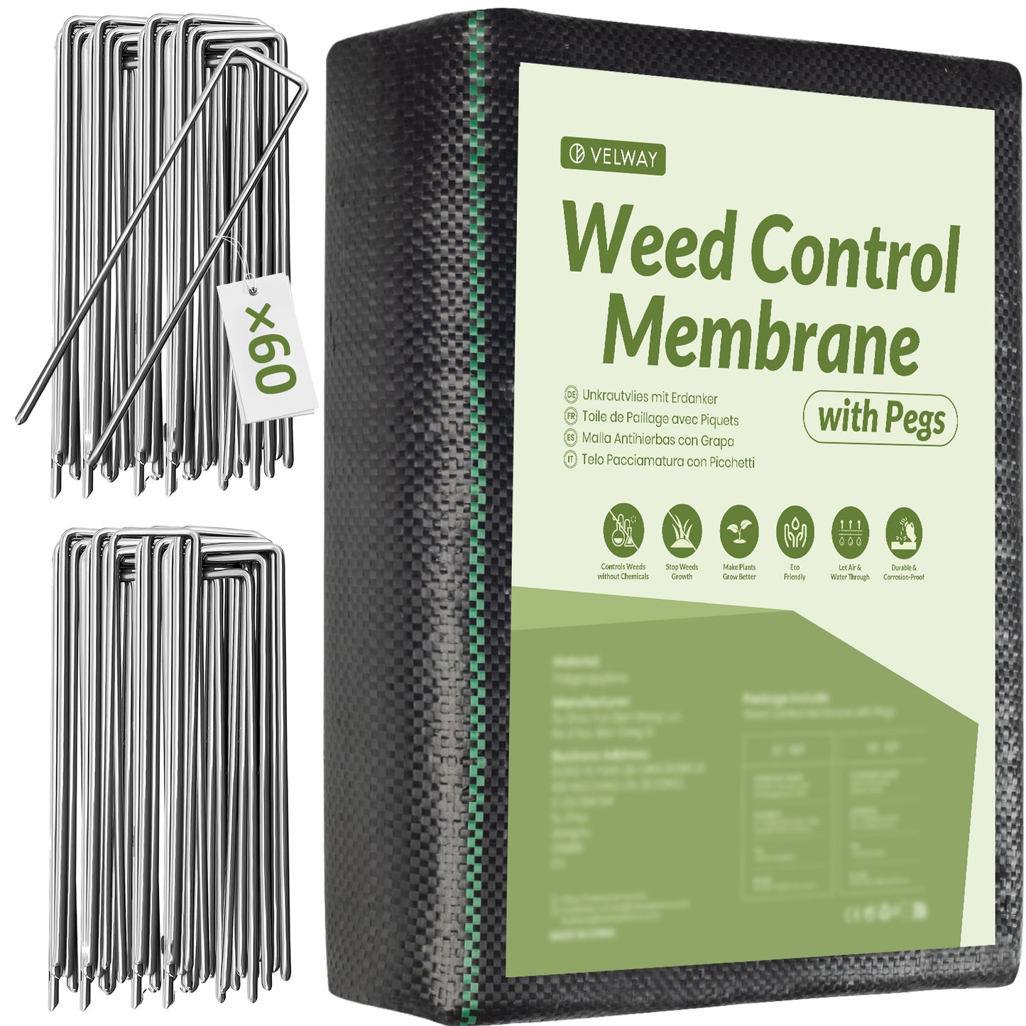 Velway Weed Control Fabric Garden Fleece 2 x 10 m with 60 Ground Anchors