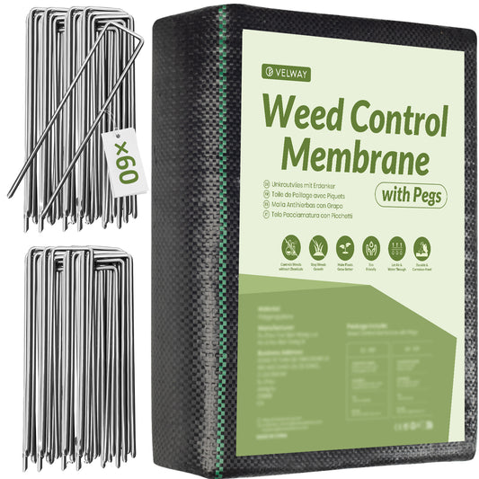 Velway Weed Control Fabric Garden Fleece 2 x 10 m with 60 Ground Anchors