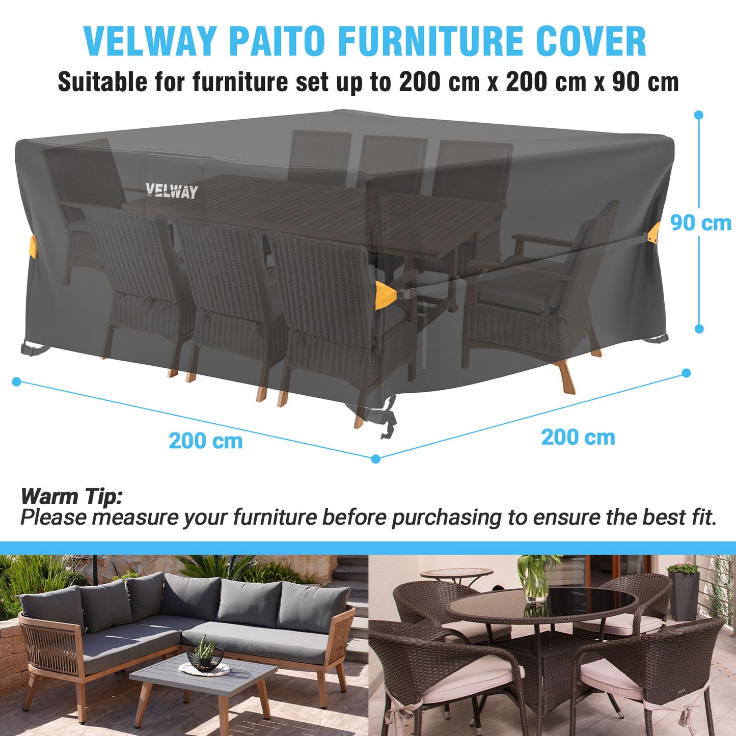 Velway Garden Furniture Cover Waterproof – 200 x 200 x 90 cm Square Protective Cover Windproof Lounge Furniture Cover for Garden Tables Seating Group Patio Furniture Black