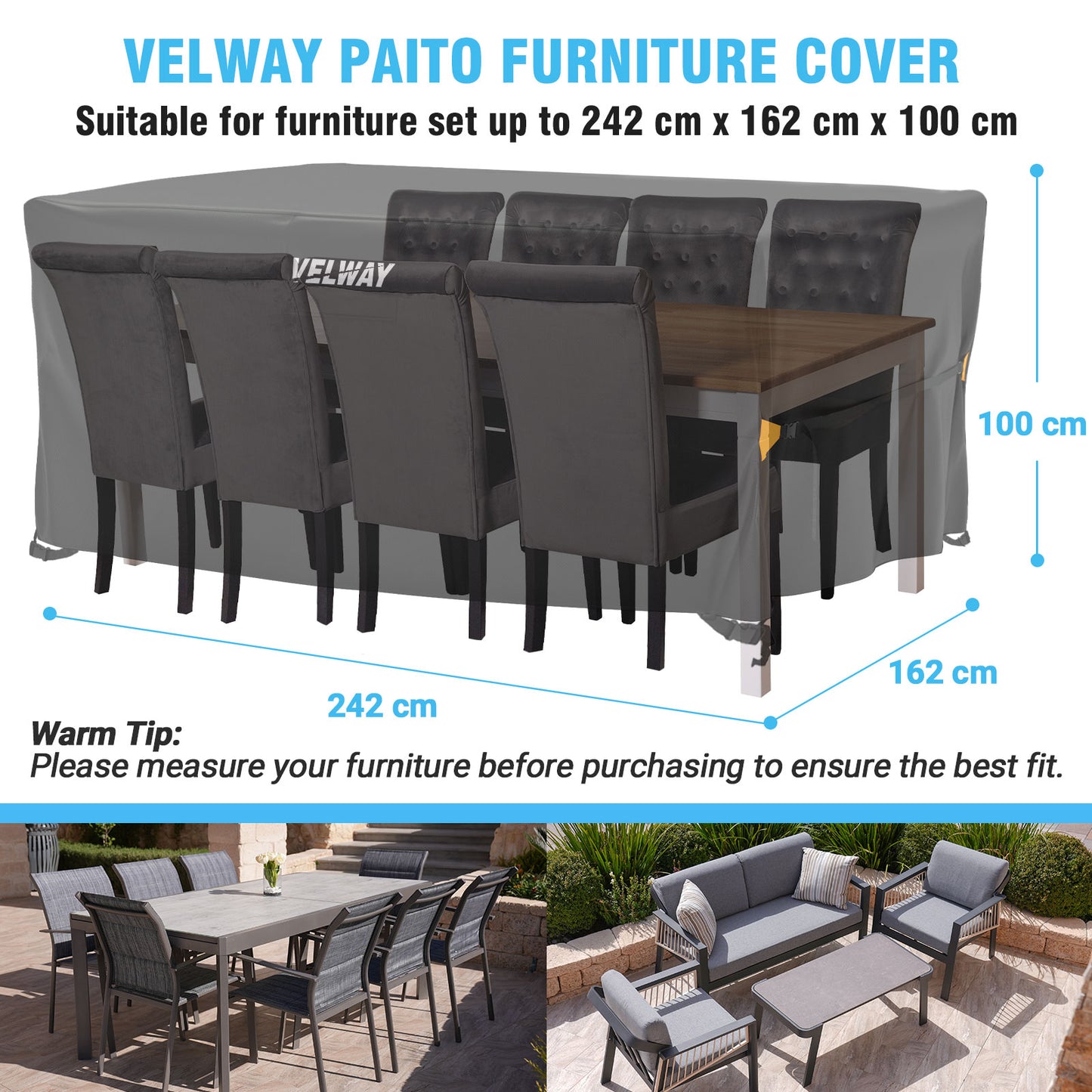 Velway Cover for Garden Furniture Waterproof – 242 x 162 x 100 cm Rectangular Protective Cover Windproof Lounge Furniture Cover for Garden Tables Seating Group Patio Furniture Black