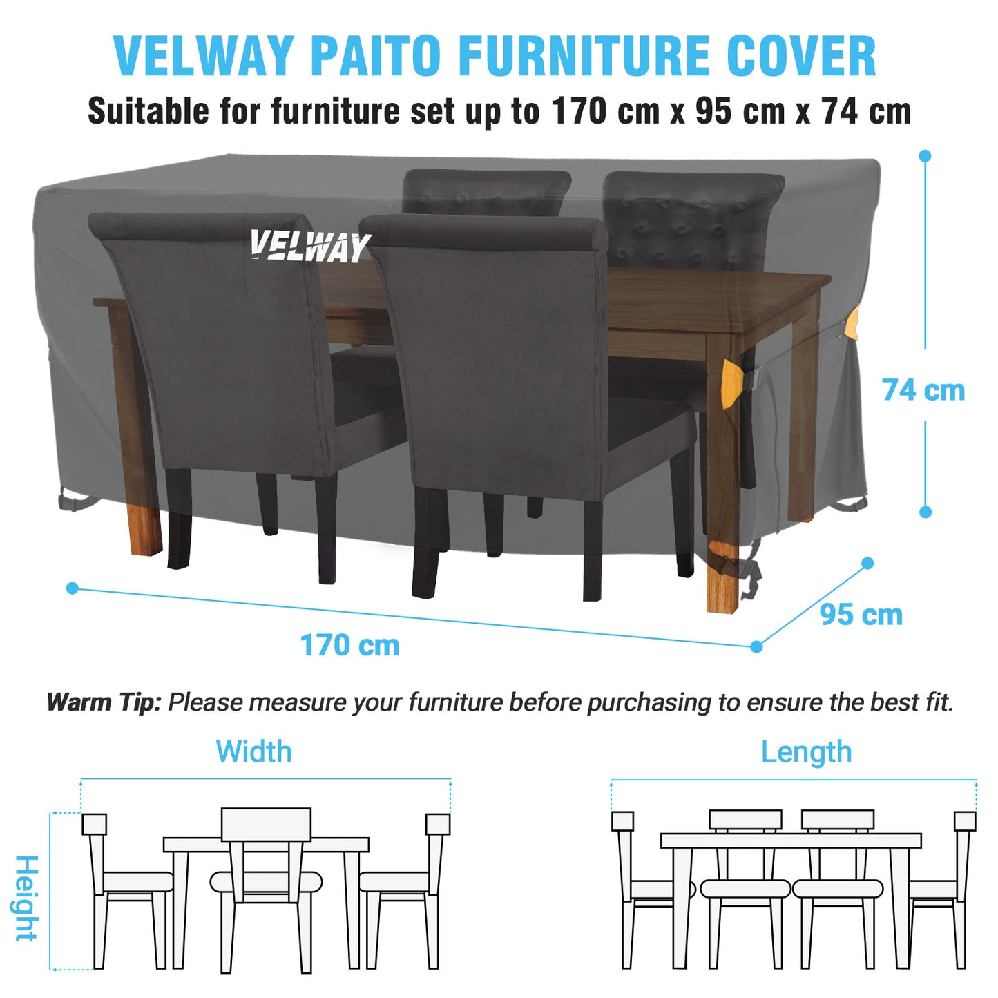 Velway Cover for Garden Furniture Waterproof - 170 x 95 x 74 cm Rectangular Protective Cover Windproof Lounge Furniture Cover for Garden Tables Seating Group Patio Furniture Black  VL0051-210D-BLK-170X95X74