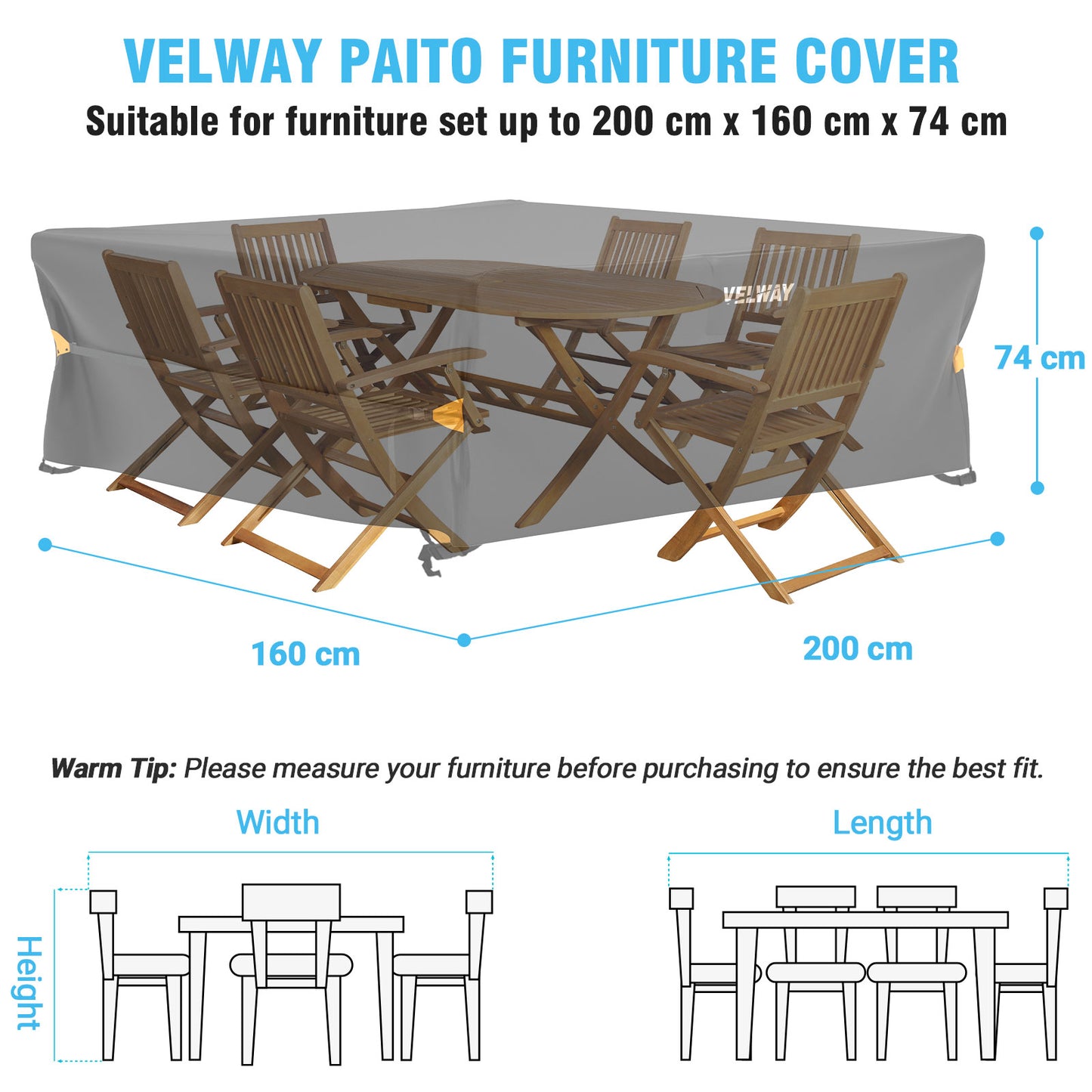 Velway Cover for Garden Furniture Waterproof – 200 x 160 x 74 cm Rectangular Protective Cover Windproof Lounge Furniture Cover for Garden Tables Seating Group Patio Furniture Black