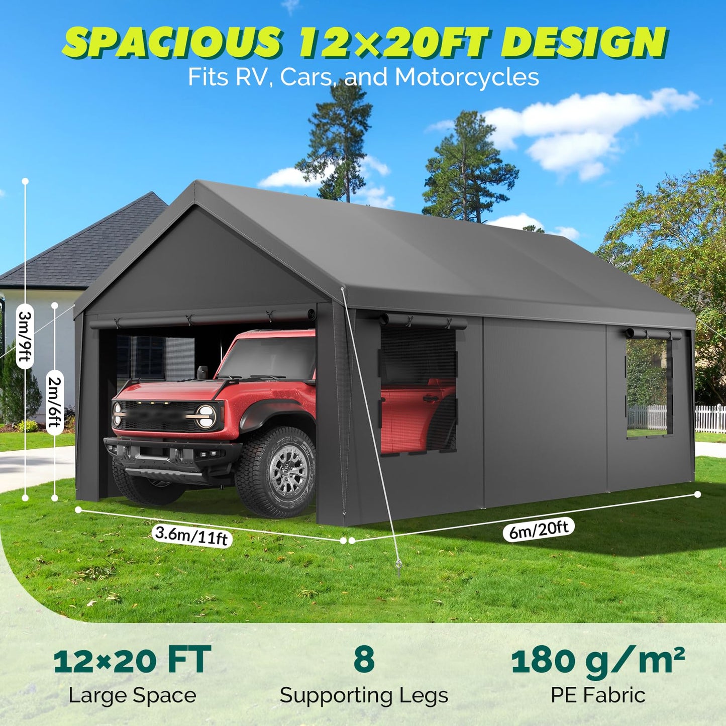 Velway Carport Canopy & Portable Garage, 12 x 20 FT