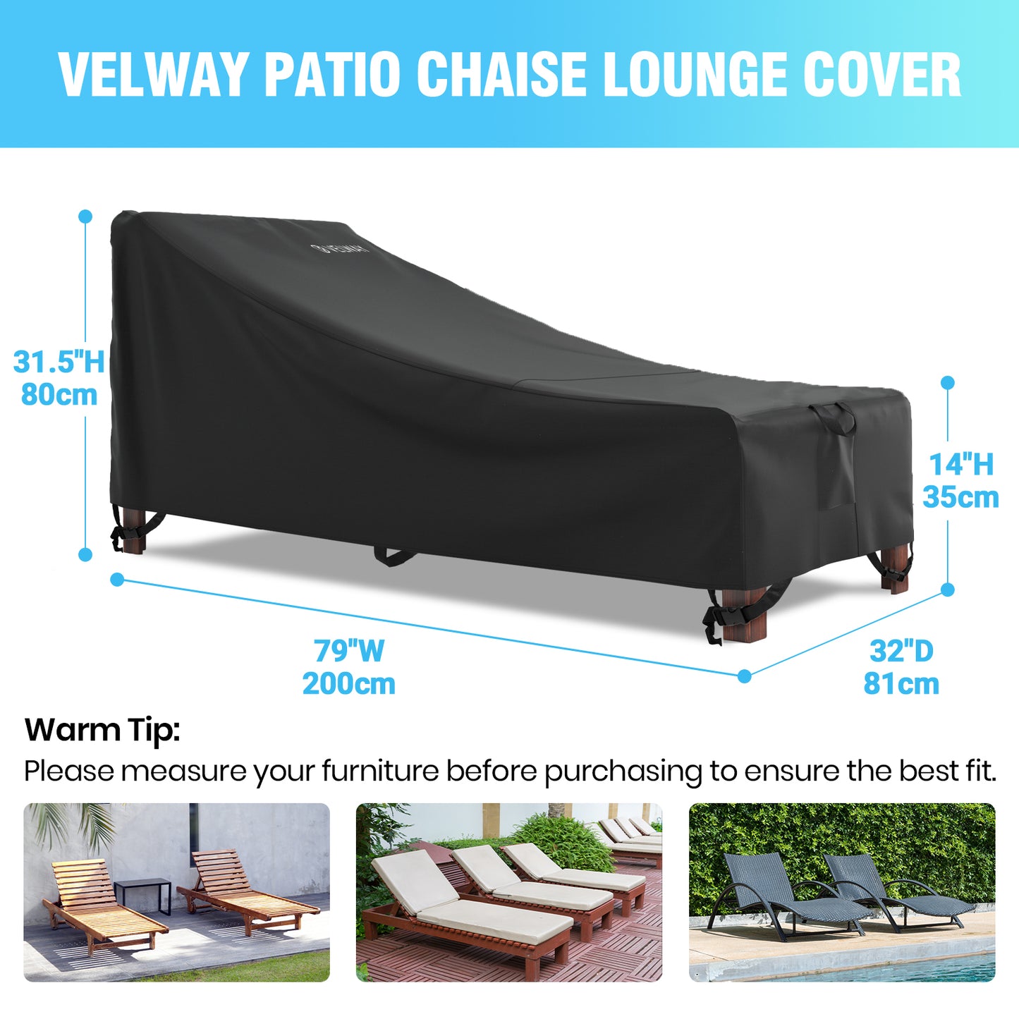 Velway Patio Outdoor Chaise Lounge Cover Waterproof 79"Lx32"Wx31.5"H Black FT0398 / FT0454