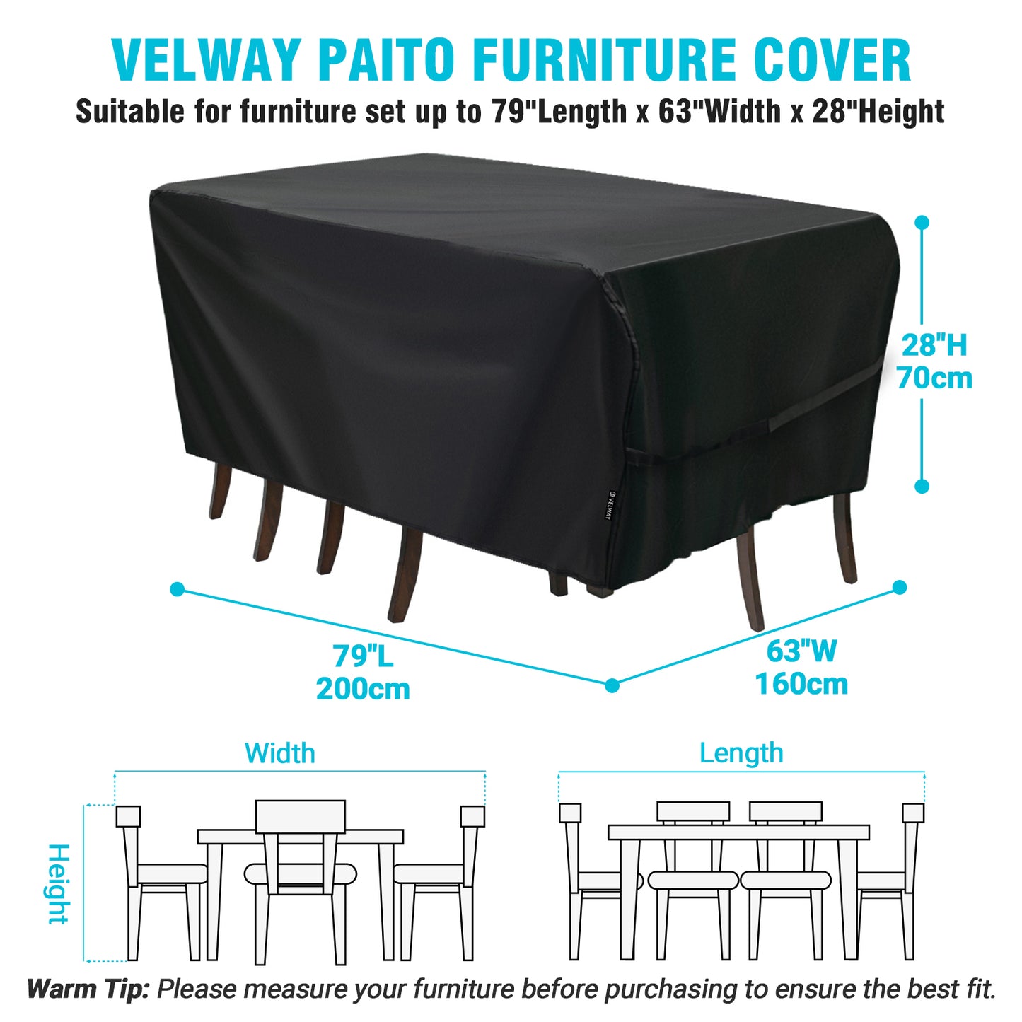 Velway Patio Table and Chair Set Cover Outdoor Waterproof Rectangular 78”Lx63”Wx27”H FT0259