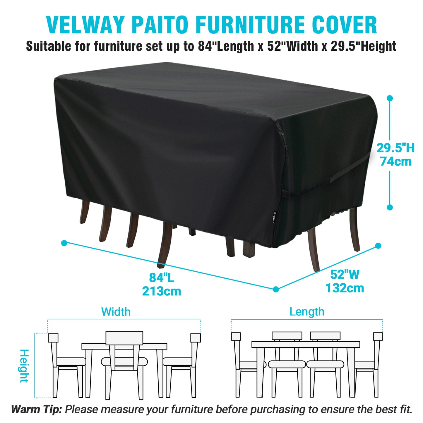 Velway Patio Table Cover Rectangle Waterproof Outdoor Oxford 84”Lx52”Wx29”H FT0260