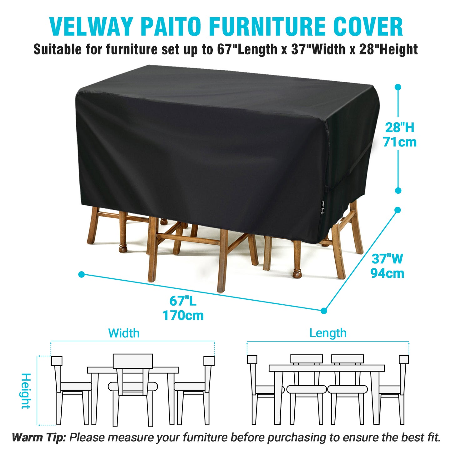 Velway Patio Table Chair Set Cover Waterproof Outdoor Ultra Windproof 67"Lx37"Wx28"H FT0261