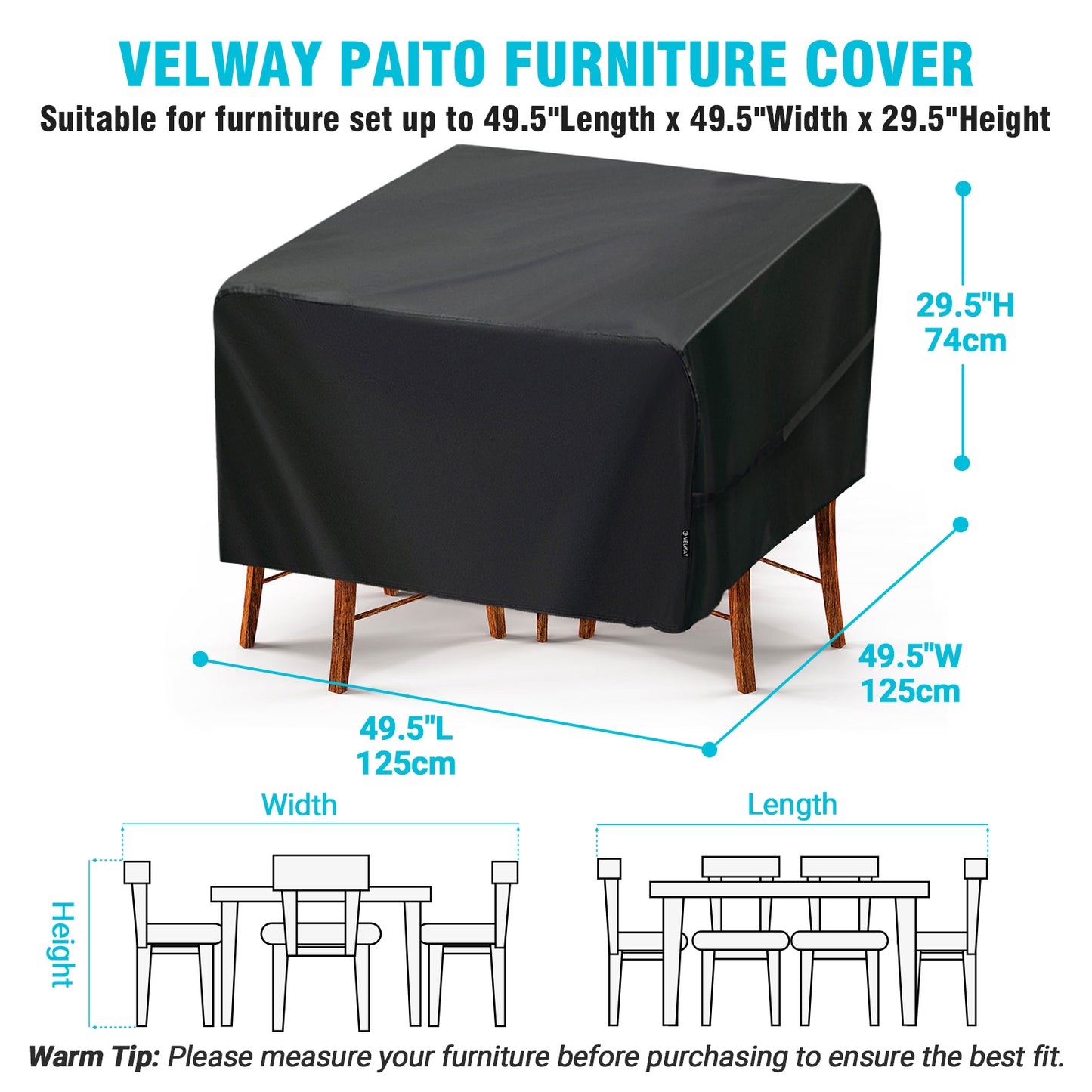 Velway Patio Square Table Cover Waterproof Outdoor Super Windproof 49 Inch FT0263