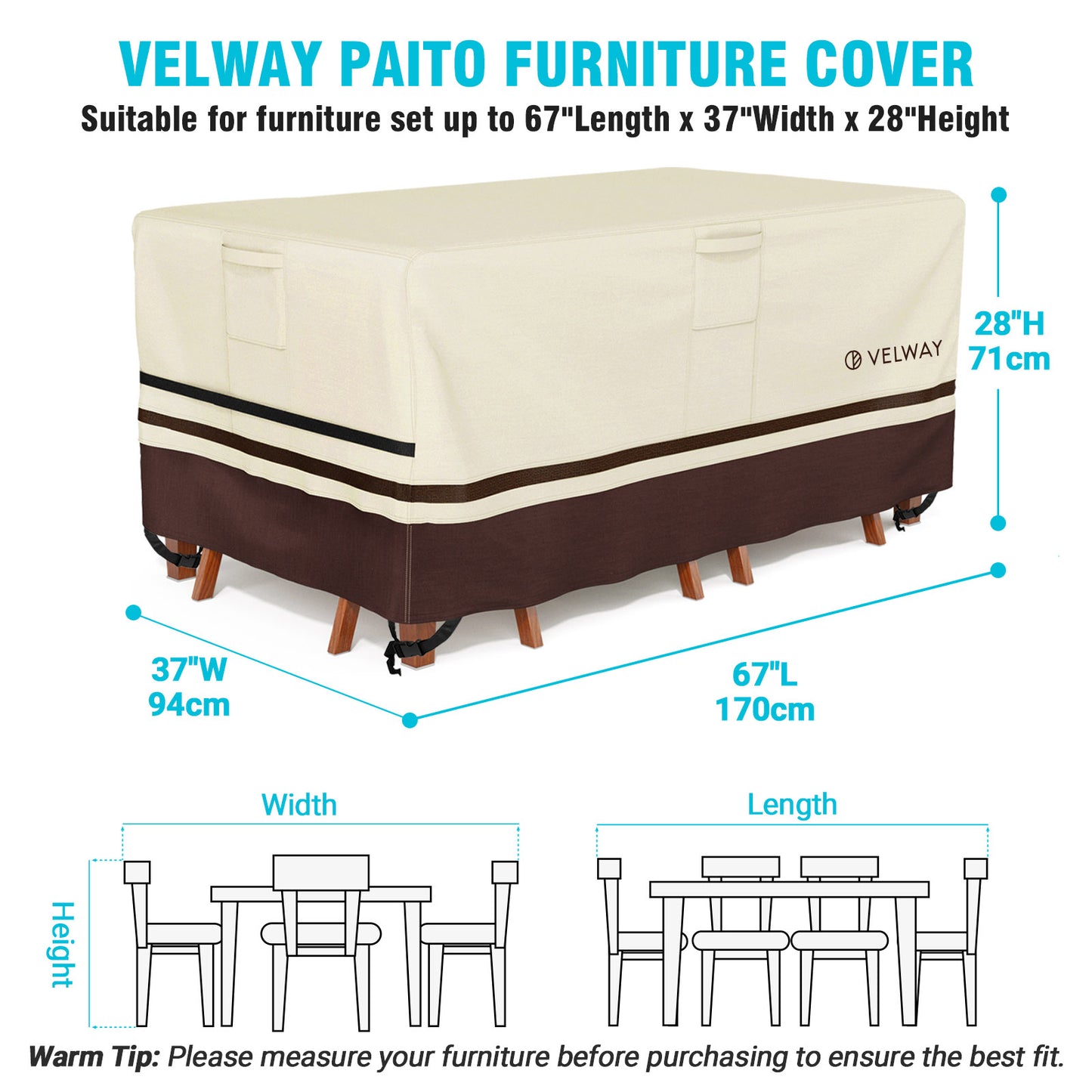 Velway Patio Outdoor Table Chairs Set Cover Waterproof 67Lx37Wx28H inches FT0400