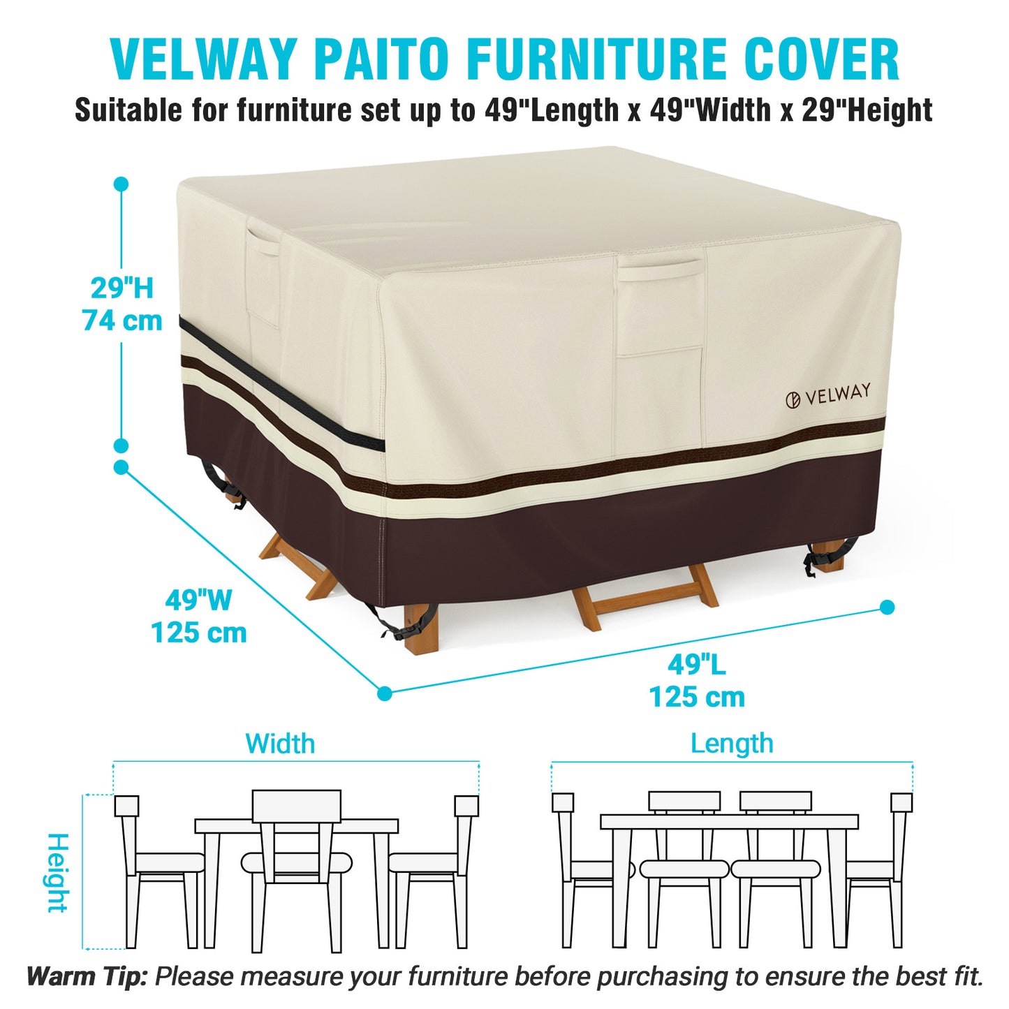 Velway Outdoor Square Table and Chair Set Cover with Seam Taped 49"Lx49"Wx29"H FT0402