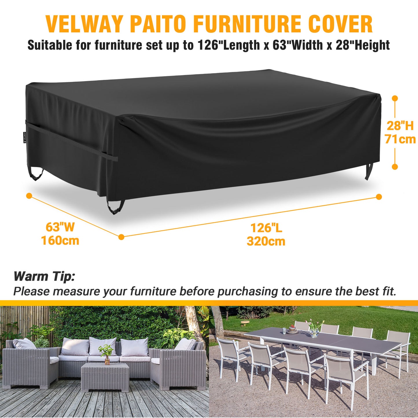 Velway Patio Outdoor Sectional Sofa Set Covers Waterproof Windproof, Large 126x63x28 Inch, Black FT0415