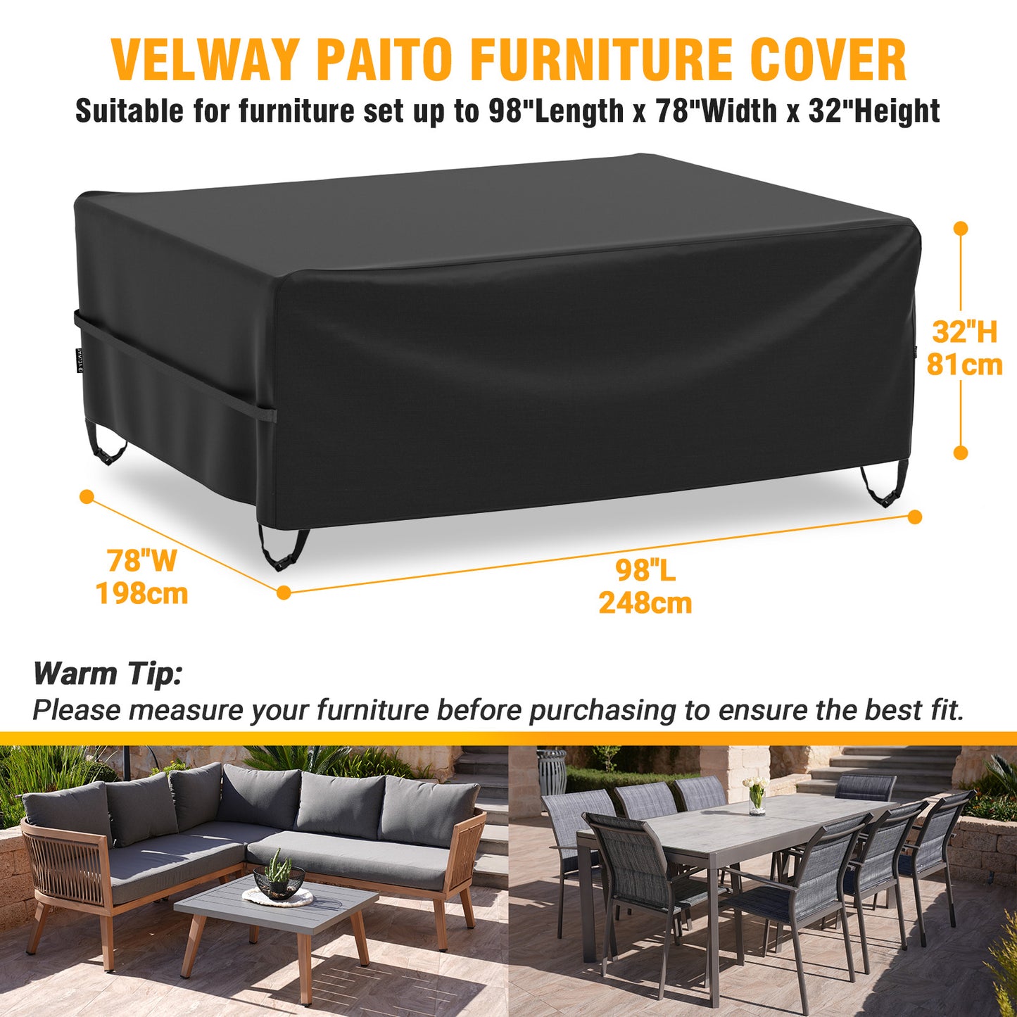 Velway Patio Outdoor Sectional Sofa Set Covers Waterproof Windproof, Large 126x63x28 Inch, Black FT0416