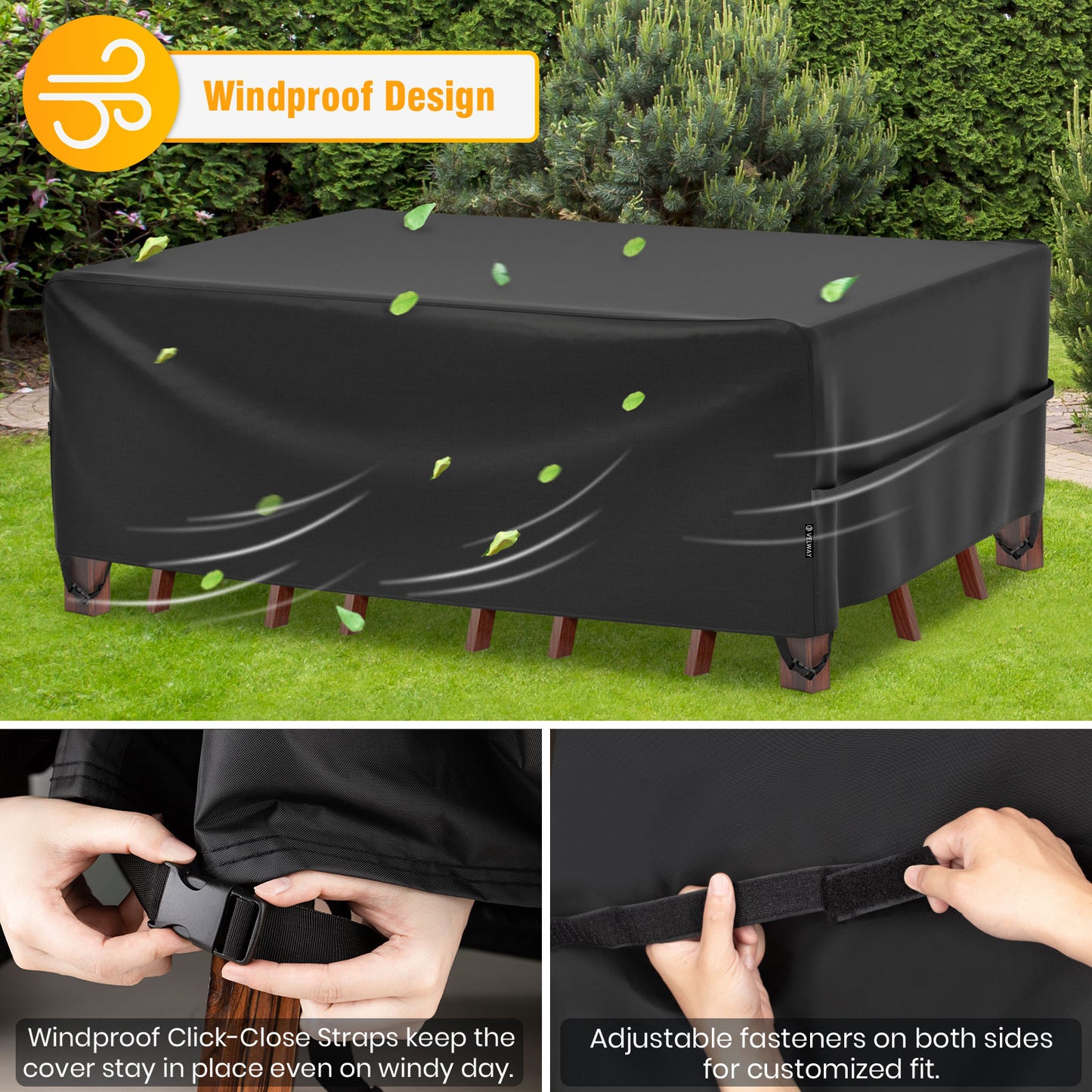 Velway Patio Outdoor Sectional Sofa Set Covers Waterproof Windproof, Large 126x63x28 Inch, Black FT0416