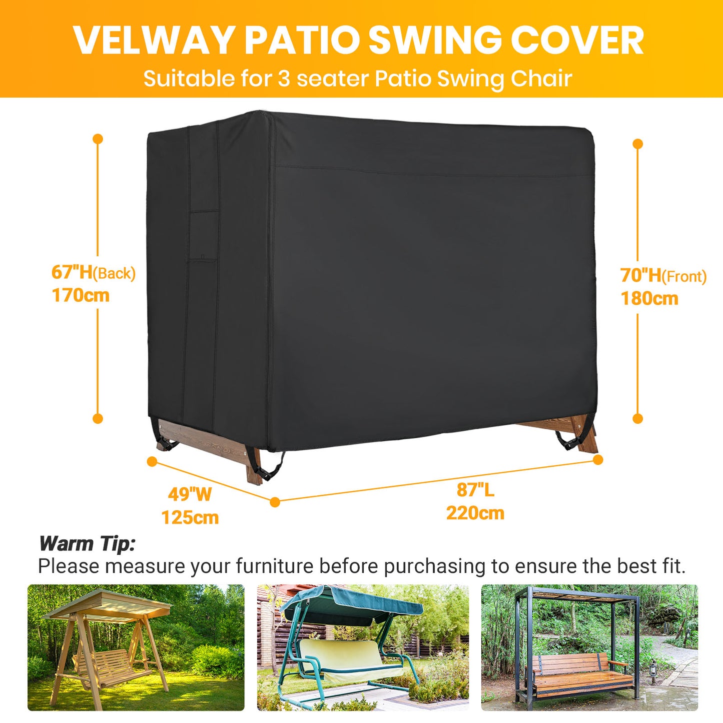 Velway Outdoor Swing Cover 3 Triple Seater Waterproof 87x49x70inches FT0418